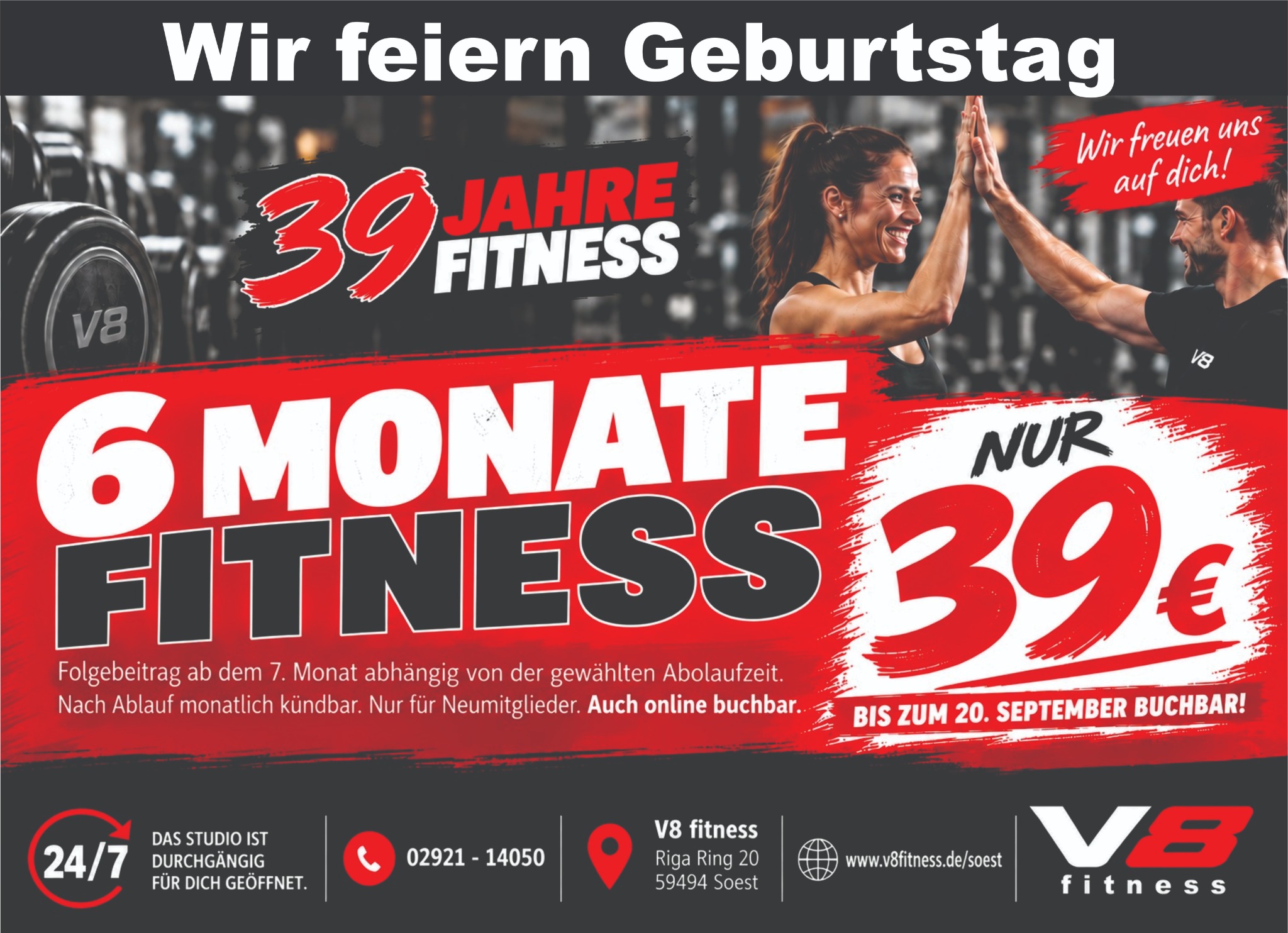 39 Jahre v8 fitness: 6 Monate Fitness für 39 Euro, buchbar bis zum 20. September